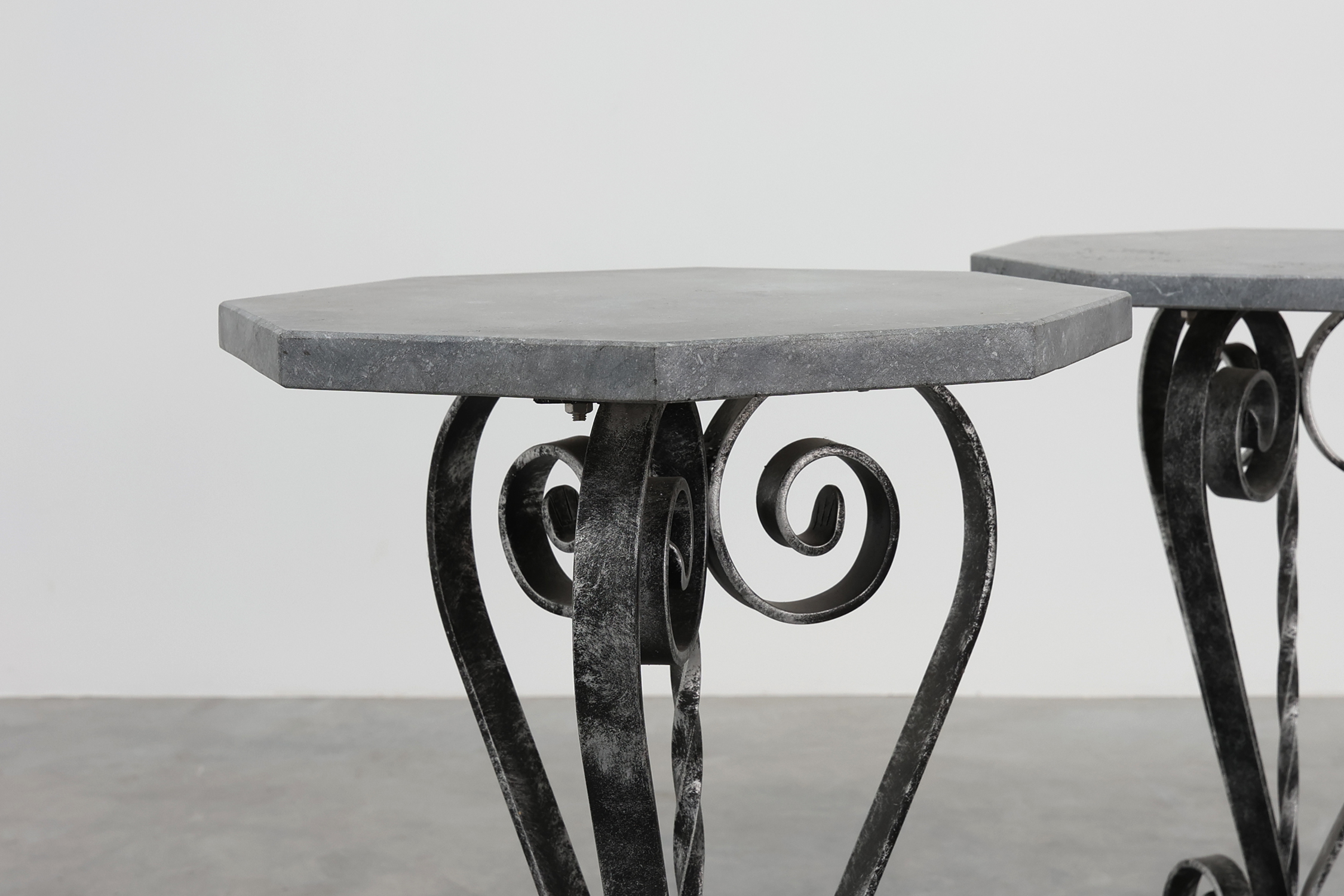 Pair of French Wrought Iron Consoles with Belgian Blue Stone Tops, 1950sthumbnail